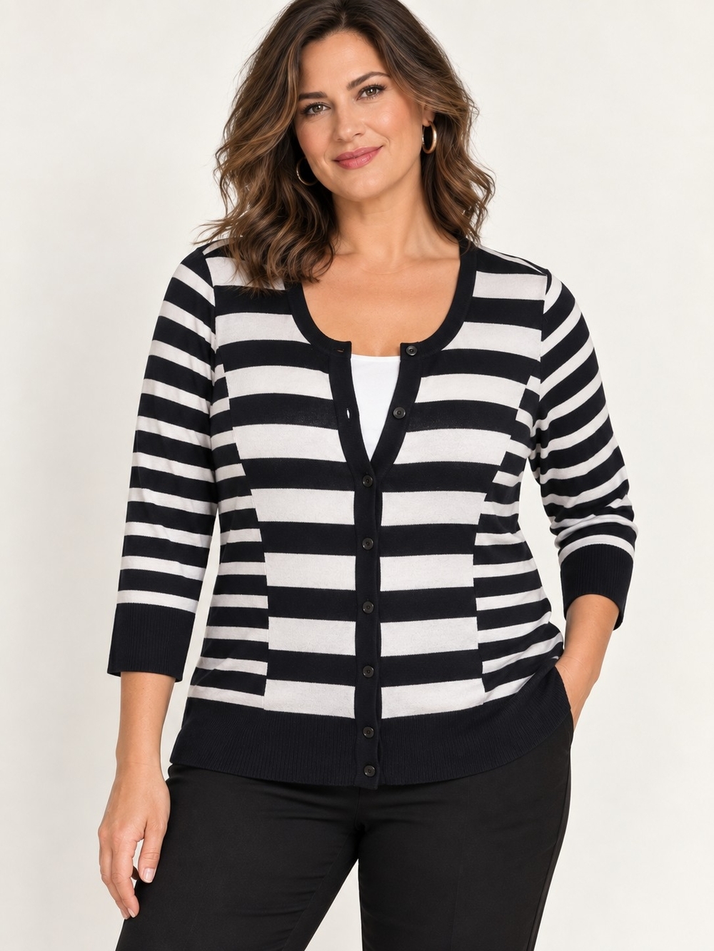 Sejour Plus Size 1X Black White Stripe 3/4 Sleeve Button Cardigan Sweater